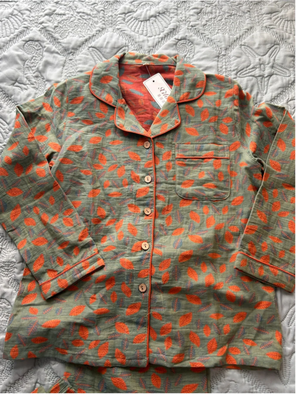 Xilinuo Pajama Set Women’s M Green Orange Leaf Print 100% Cotton NWT
